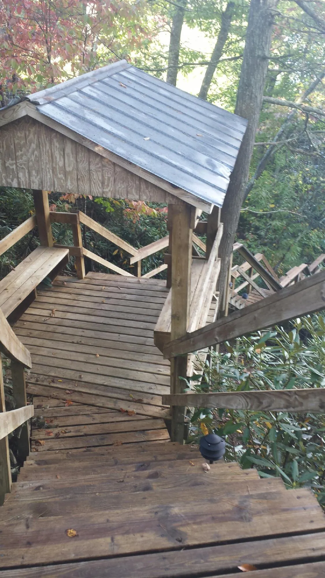 Metal roofed shelter over wooden steps on a wooded walkway — Skylight Repair & Installation work by our crew in Bearcreek